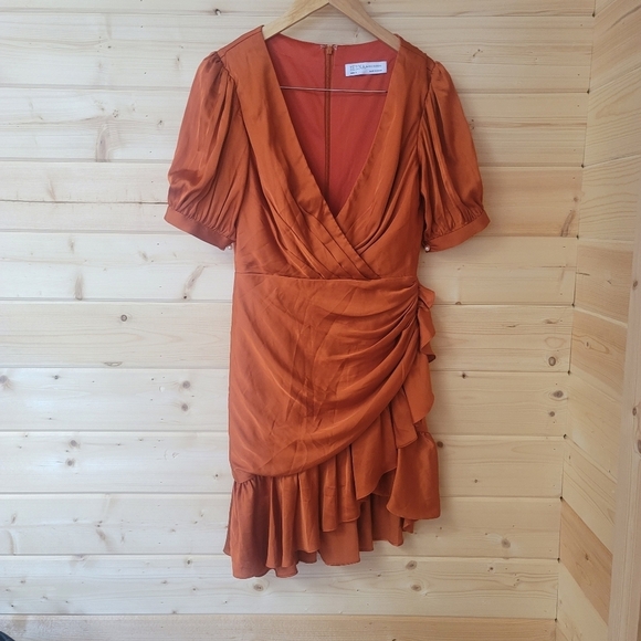 Ieena for Mac Duggal, Puff Sleeve Faux Wrap Mini Dress, Burnt Orange, Size 4,NWT - Picture 6 of 11